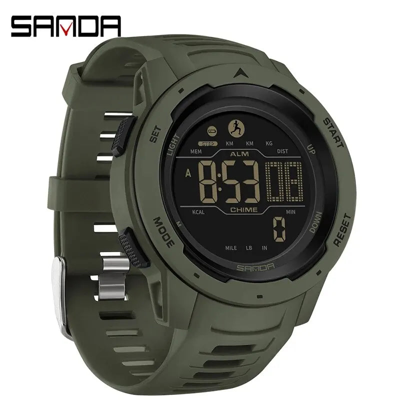 Digital Sports Watch with Pedometer and Waterproof LED Display - Military Style