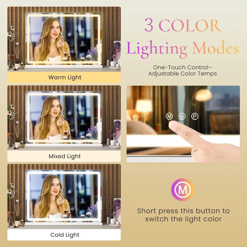 LED Vanity Mirror with Lights Dimmable 3 Color Modes Aluminum Frame Makeup Mirror