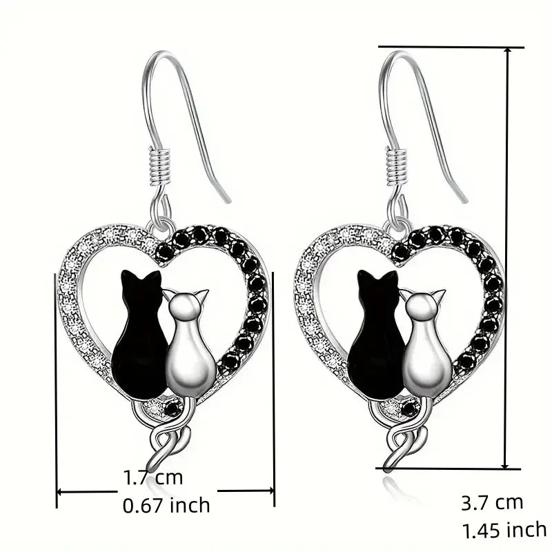 Couple Cats Love Earrings for Women - Cute Heart-Shaped Hanging Jewelry