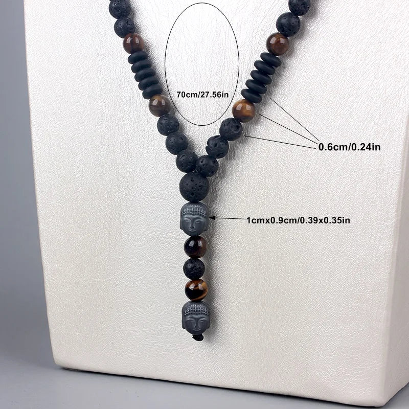 6mm Lava Stone Tiger Eye Beaded Necklace with Buddha Head Pendant for Men and Women