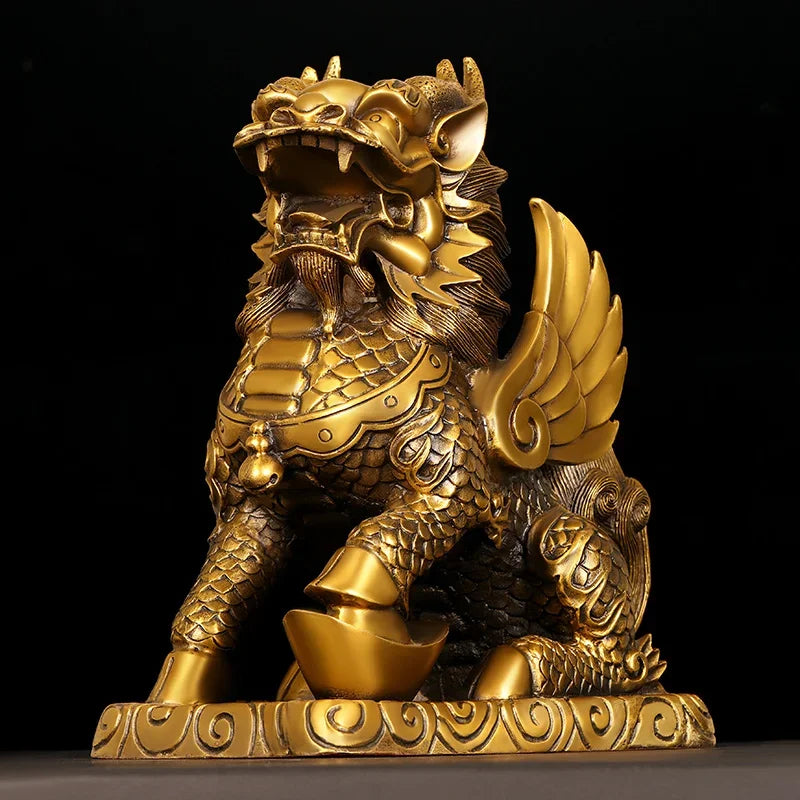 Feng Shui Copper Unicorn Ornament with Yuanbao for Home Office Decor
