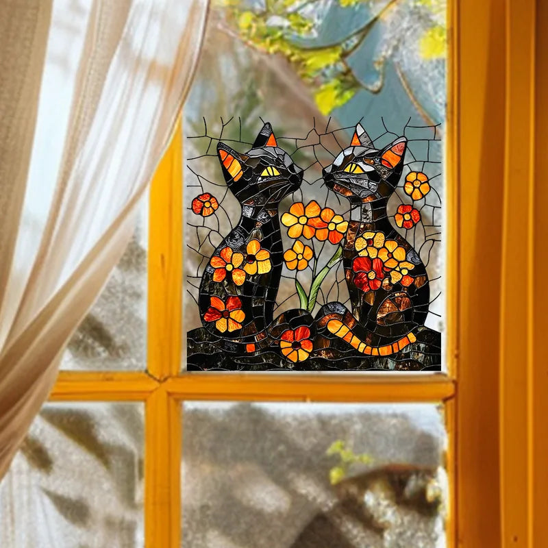 Cartoon Kitten Flower Glass Stickers for Wall Decoration - 1 Piece