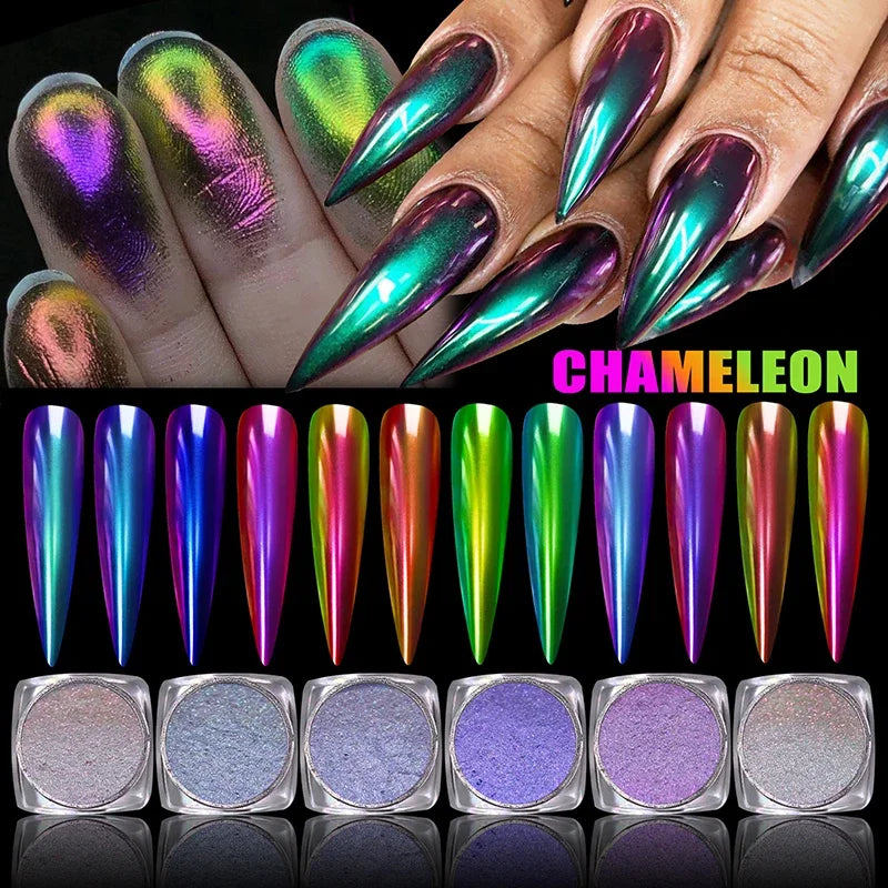 Chameleon Mirror Powder Nail Glitter Set - Holographic UV Gel Dust for Nail Art