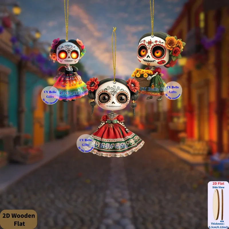 10Pcs Mini 2D Wooden Mexican Candy Doll Hanging Decorations for Halloween Day of The Dead Party Home DIY