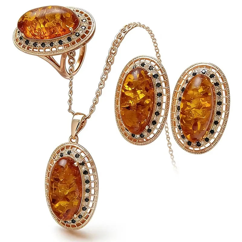 Vintage Amber and Zircon Jewelry Set for Women - Rose Gold Finish
