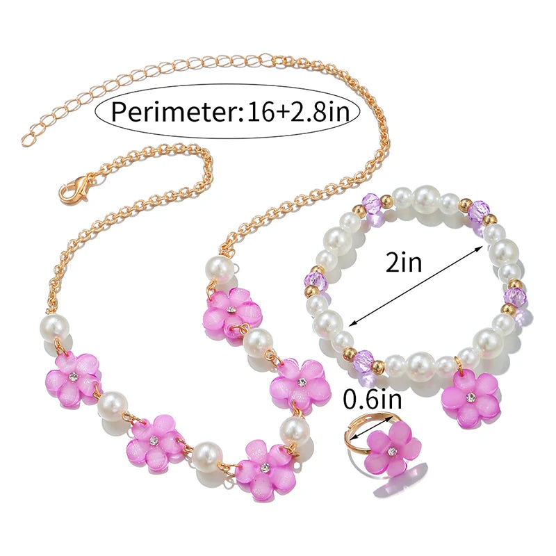 Kids Jewelry Set 3Pcs Flower Charm Necklace Bracelet Ring for Girls and Daughters