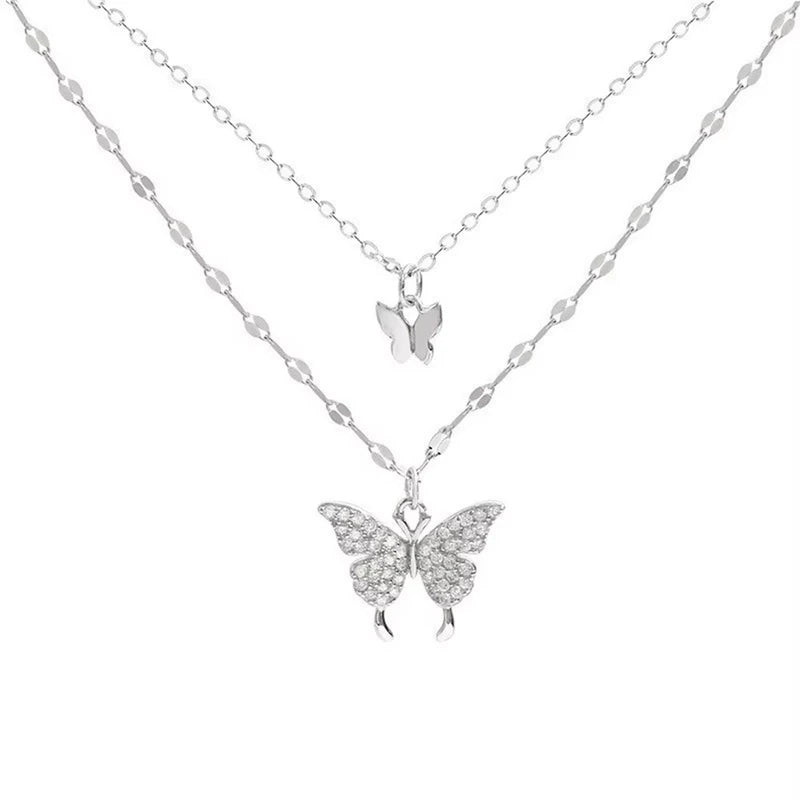 Shiny Butterfly Necklace for Women Double Layer Clavicle Chain Jewelry Gift