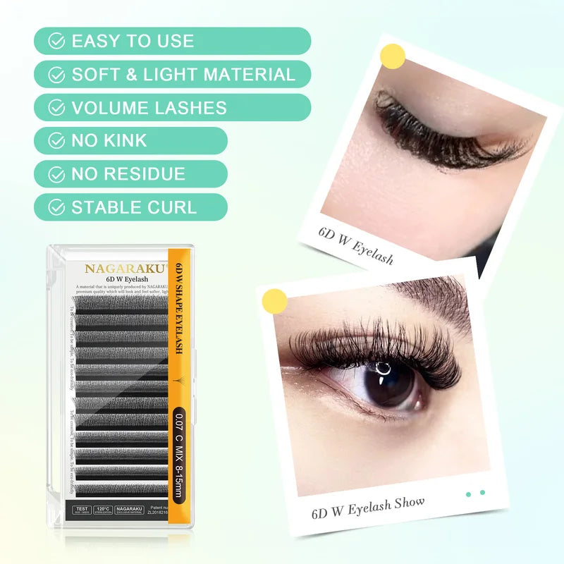 6D W Shape False Eyelash Extensions Premade Fans Natural Soft Light Full Dense