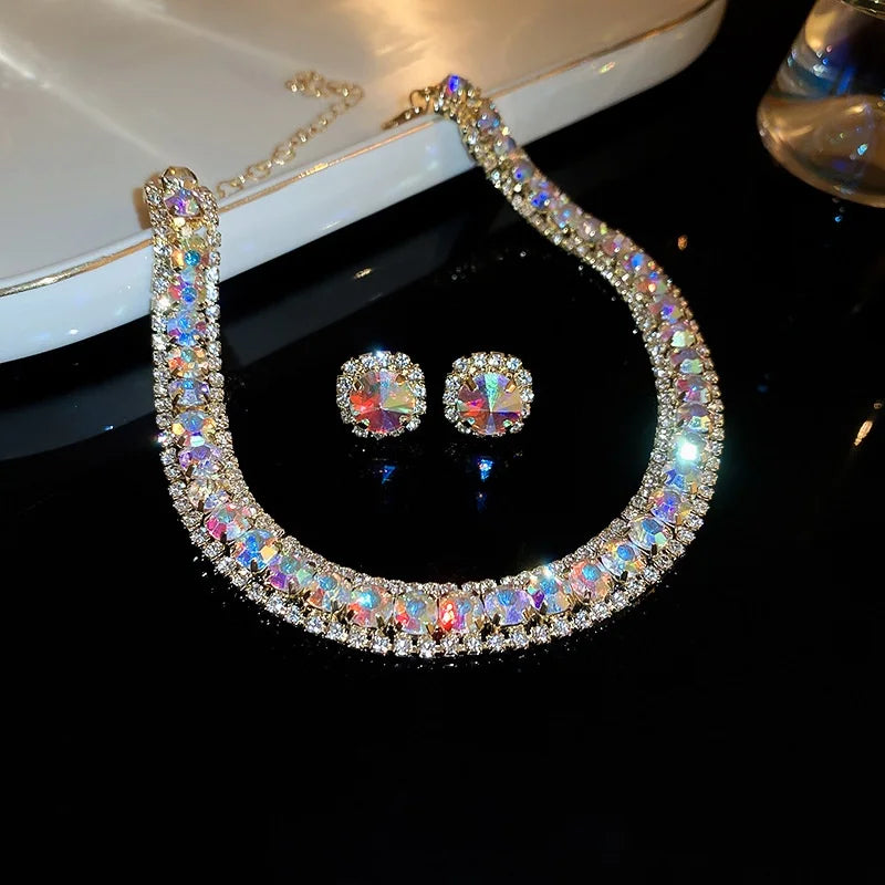 Colorful Crystal Necklace and Earrings Jewelry Set for Women Weddings Party