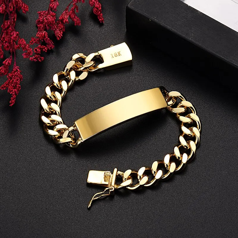 18K Gold-Color 10mm Chain Bracelet for Men Women High-Quality Jewelry