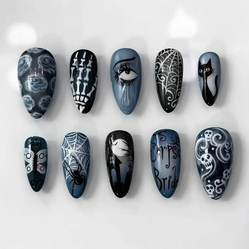 Halloween Press On Nails Set - Gothic Skeleton Skull Spider Web Black Cat Design