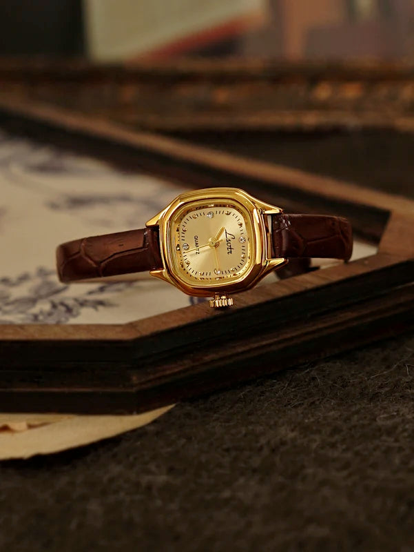 Mini Gold Square Dial Women's Wristwatch - Vintage-Style, Water-Resistant with Leather Band