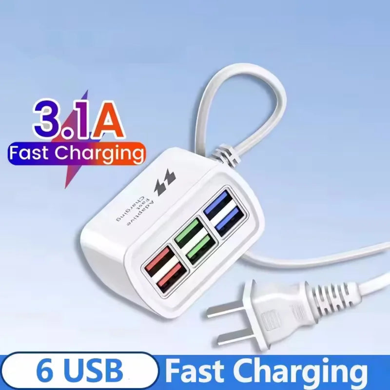 USB Charging Station 6-in-1 Power Strip with Fast Charging - 1m Cord, Multiple USB Ports