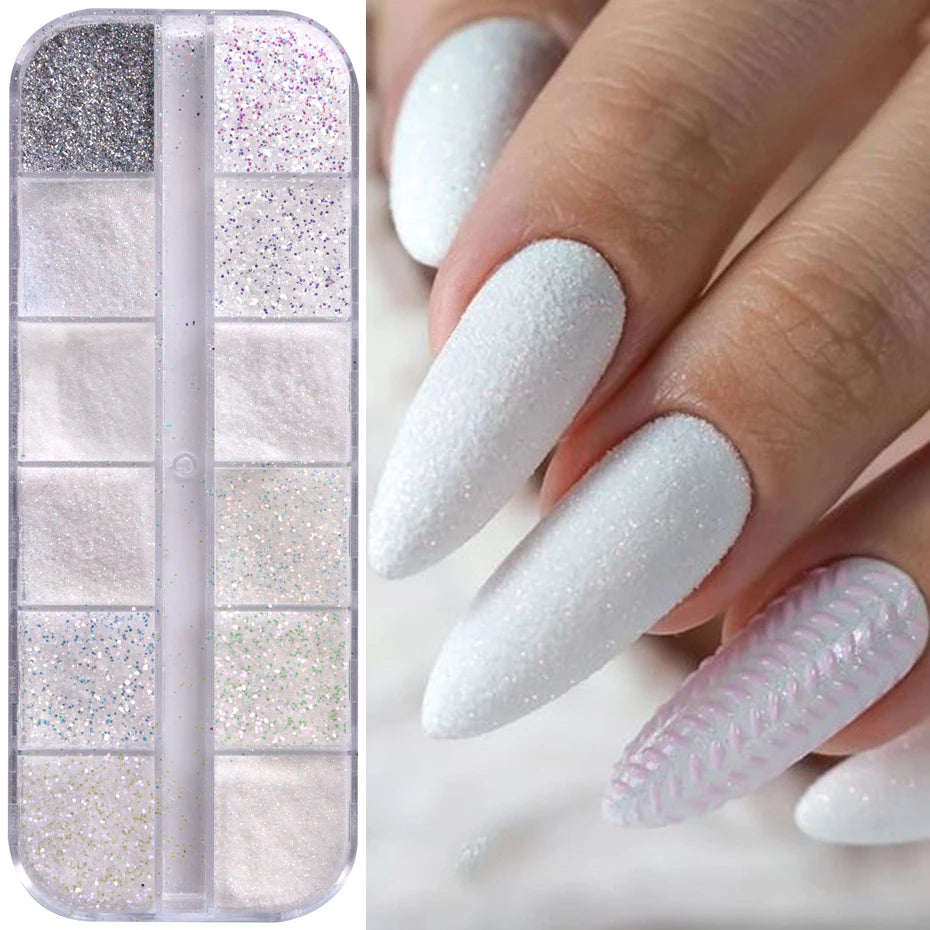 12 Grids White Iridescent Nail Glitter Powder - Fine Sugar Flakes for Wedding & Manicure DIY