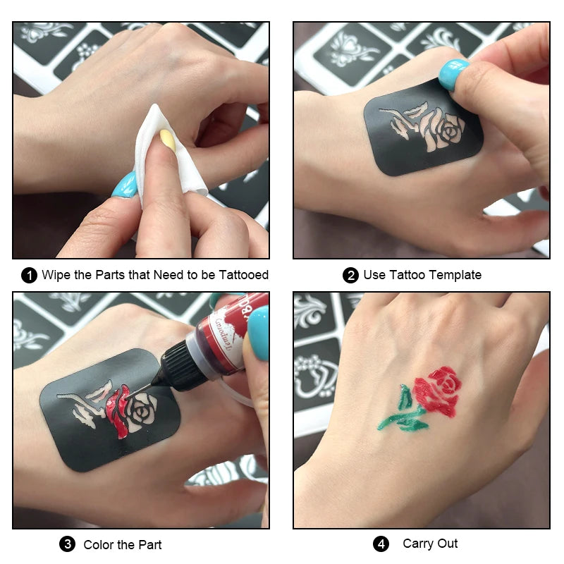 Temporary Tattoo Ink Set with 3 Sticker Kits - Long-Lasting Face & Body Art Gel