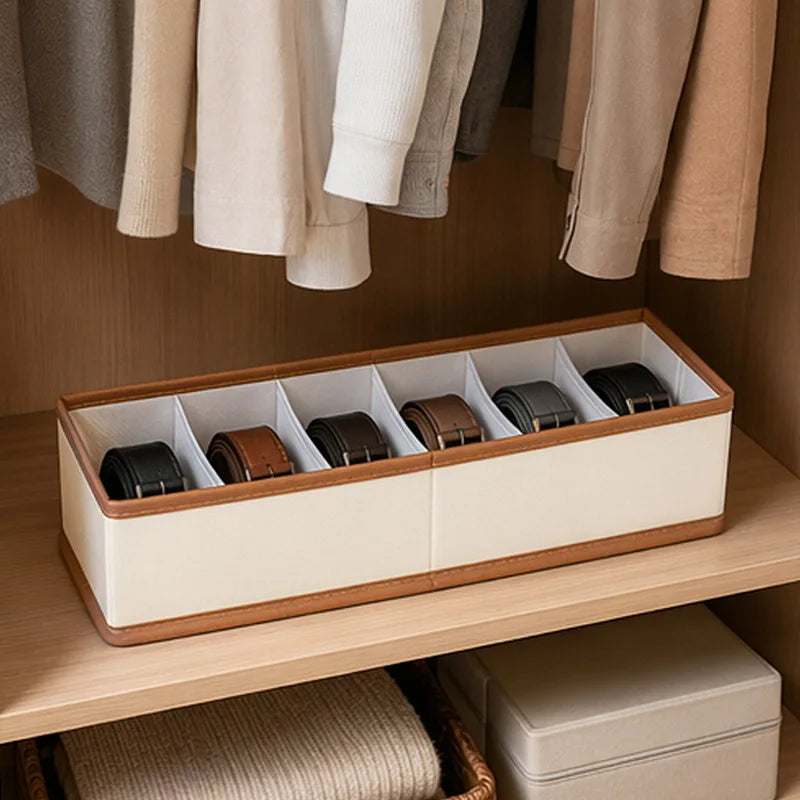 Leather-Style Belt & Accessory Organizer Box with 6 Compartments - Space-Saving Closet Storage