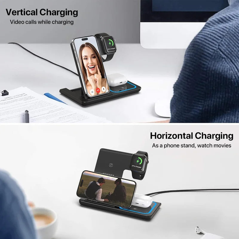 15W Wireless Charging Station Stand 3-in-1 Fast Charging Dock for iPhone, Apple Watch & AirPods