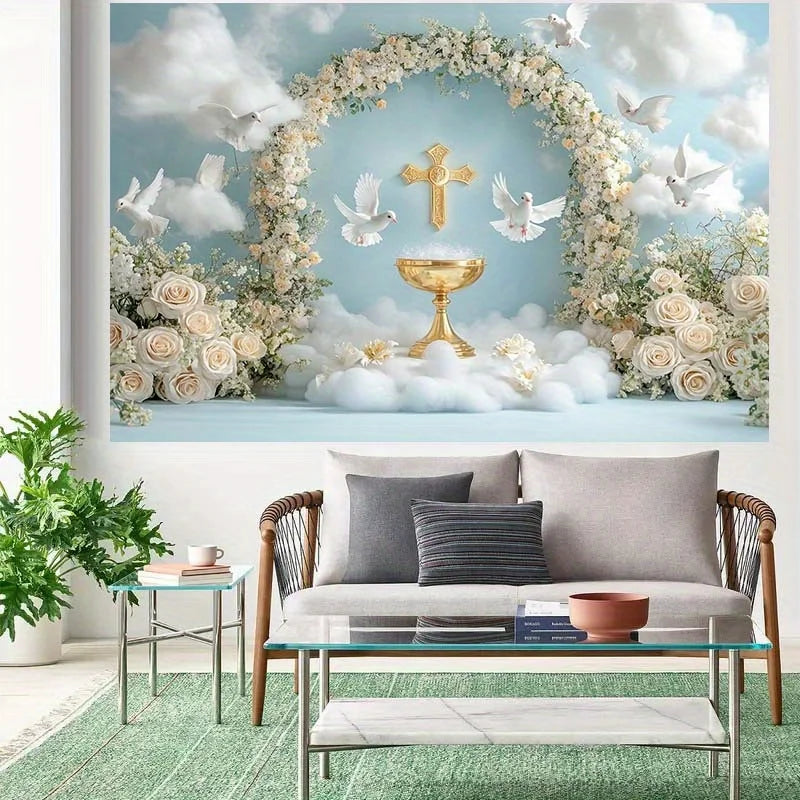 2D Wedding Banner with Golden Chalice, White Dove & Floral Arch - Party Decoration