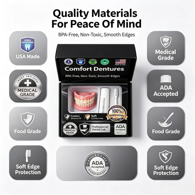 Moldable Silicone Denture Kit - Upper & Lower False Teeth with Free Toothbrush & Toothpaste, Natural Ivory, Color Variants