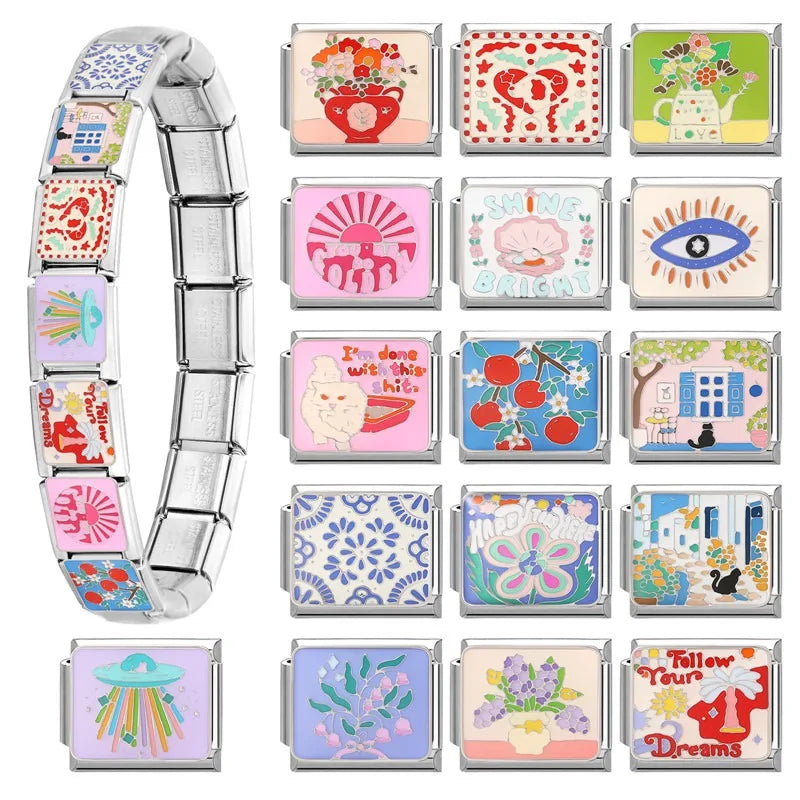 Colorful Pattern Art Cat Vase Charm Links for 9mm Stainless Steel Bracelets - DIY Jewelry Making