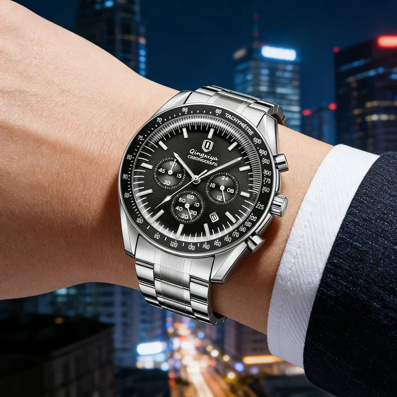 Men's Waterproof Quartz Watch with Luminous Dial and Stainless Steel Band