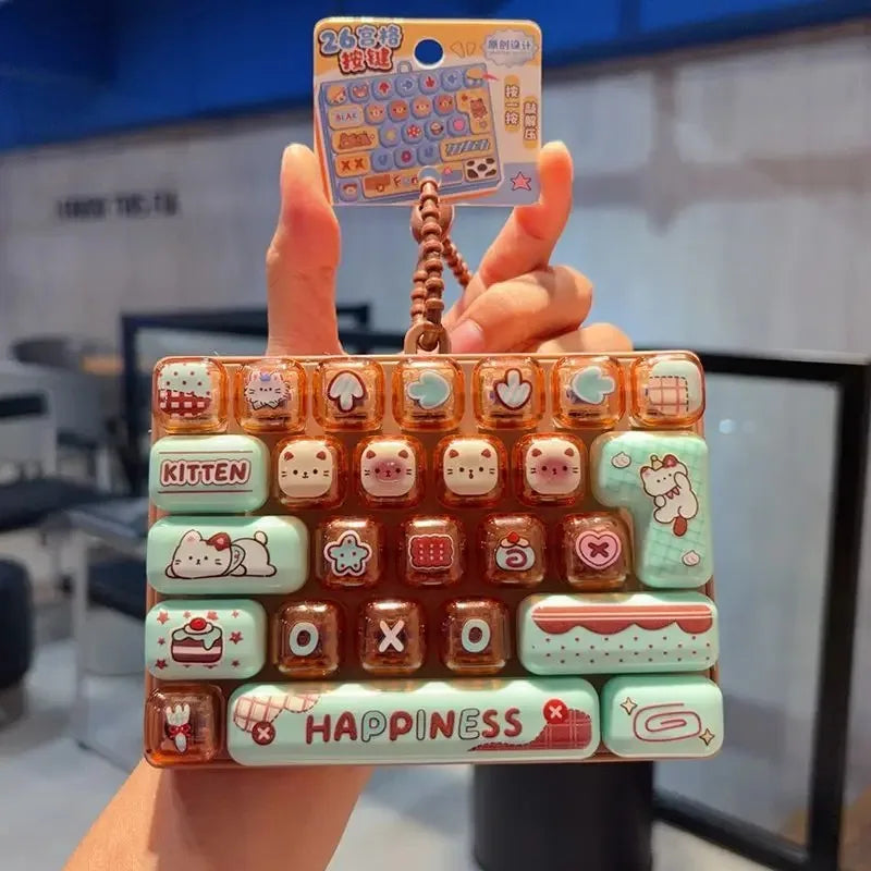 26-Key Cartoon Keyboard Keycap Set - Stress Relief Fidget Keychain & Bag Charm