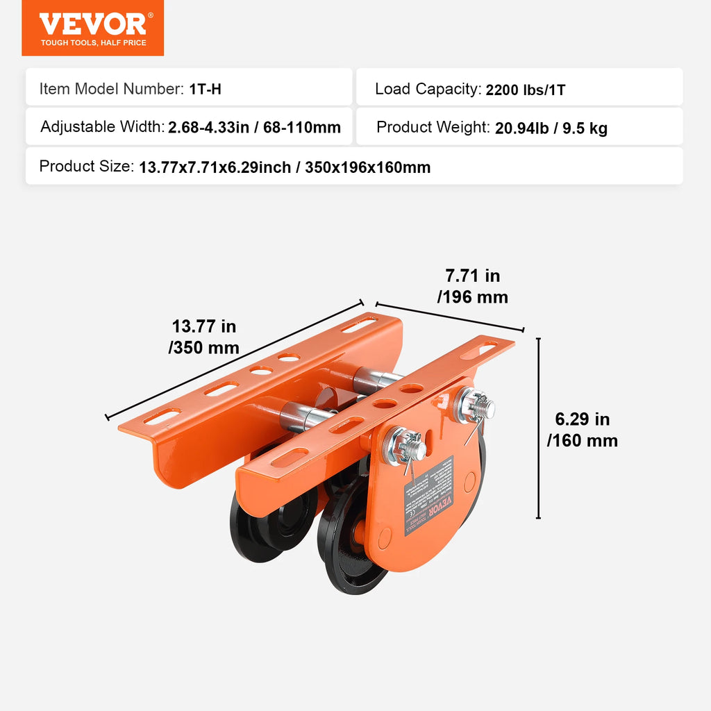 Manual Beam Trolley 2200 lbs Capacity for I-Beams and H-Beams