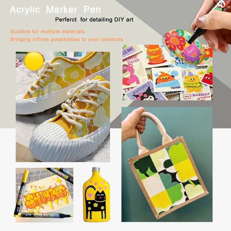 10 Pcs Yellow Acrylic Paint Markers Set Fine Tip Permanent for Rock Fabric Wood Metal Glass Canvas Tires