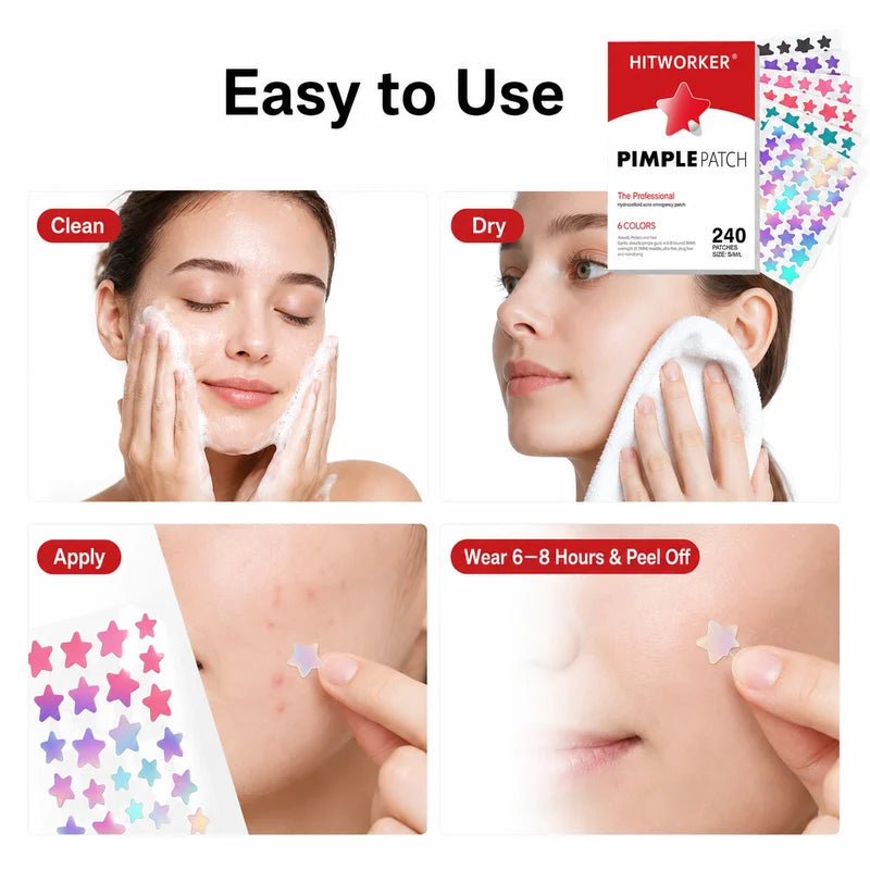 240PCS Star-Shaped Hydrocolloid Acne Patches Set - Face Spot Cover Stickers, Multiple Colors, S/M/L