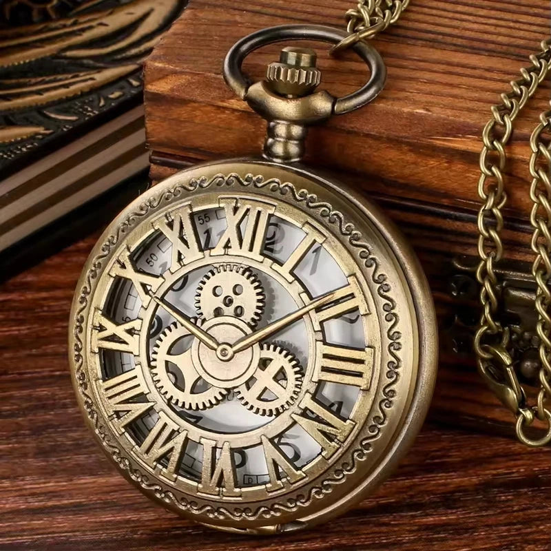 Vintage Steampunk Gear Quartz Pocket Watch with Necklace & World-Time