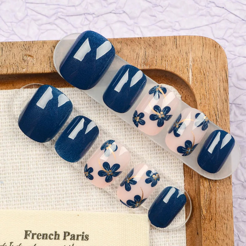 Short Square Fake Nails for Women Girls Spring Summer Floral Design - Deep Blue & Gold