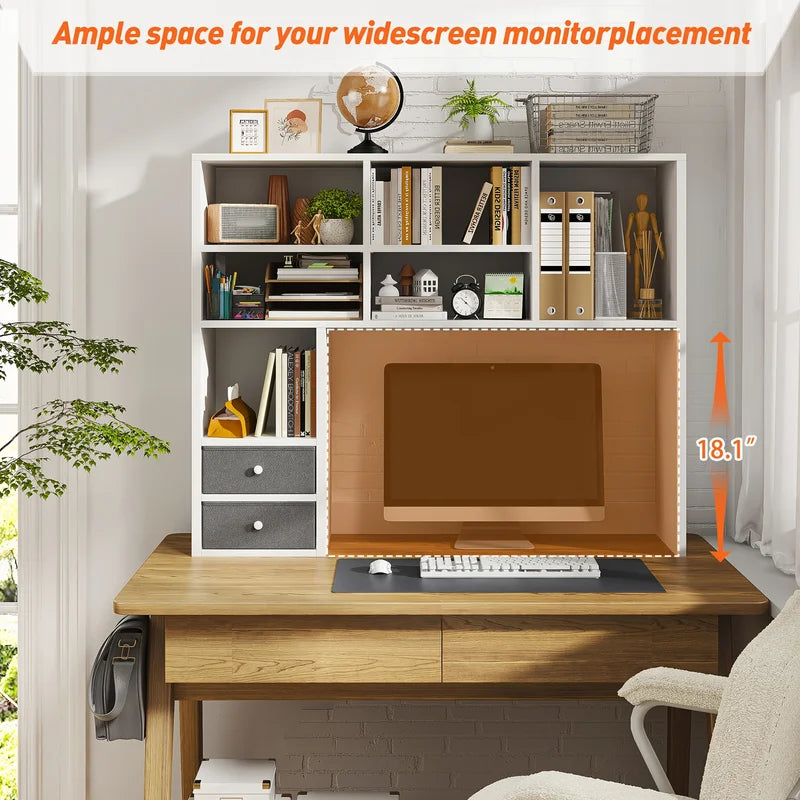 Adjustable Desktop Bookshelf Organizer with 7 Compartments & 2 Drawers - Large Capacity Office Storage