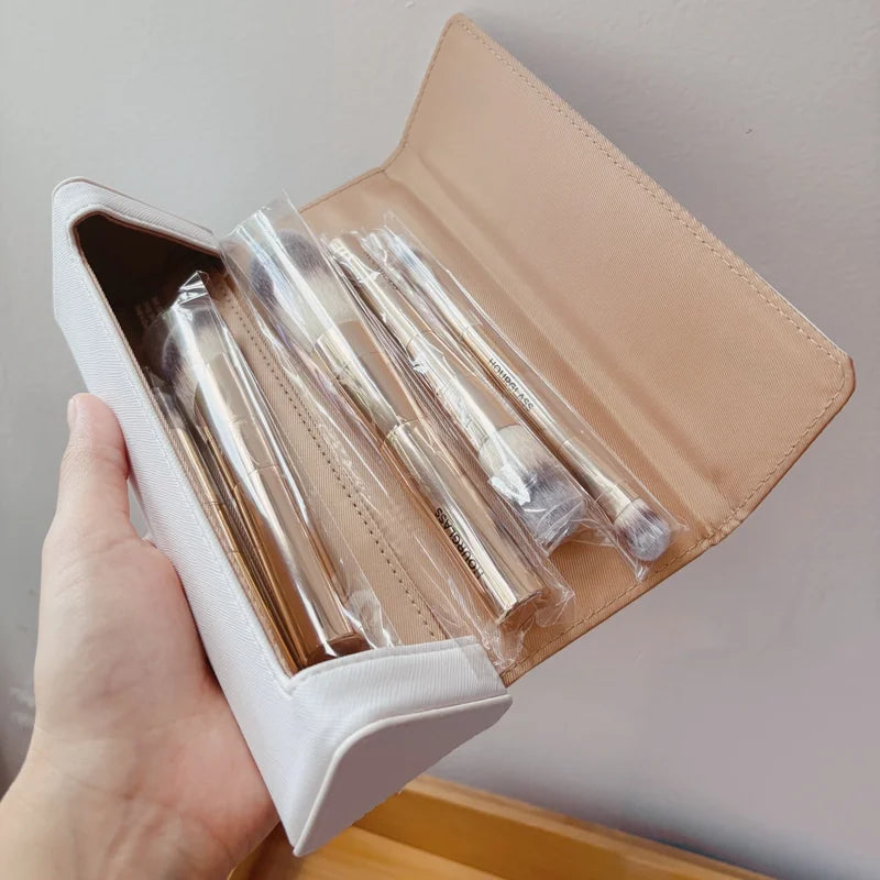Travel Face and Eye Brush Set with Gold Finish & Pouch - Makeup Tools
