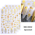 Halloween Nail Stickers Gold Skeleton Pumpkin Bat Key 3pcs Manicure Decals