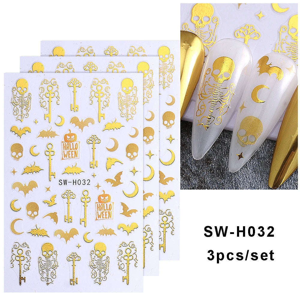 Halloween Nail Stickers Gold Skeleton Pumpkin Bat Key 3pcs Manicure Decals