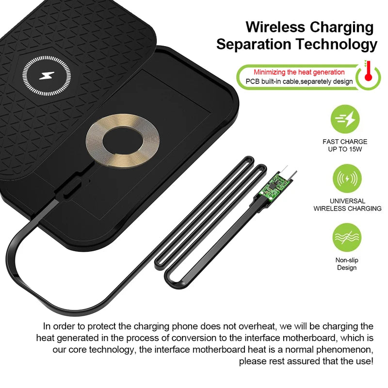 Wireless Car Phone Charger with Anti-Slip Mat for VW, Toyota, Audi - 15W Fast Charging Type C Cable