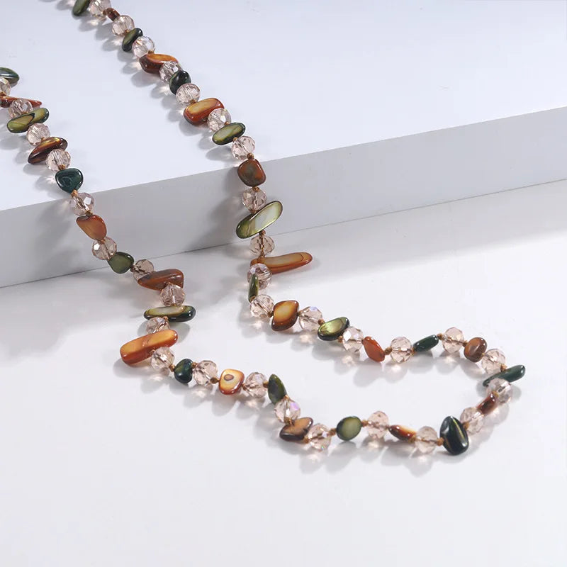 Bohemian Multicolor Natural Stone Shell Crystal Glass Beaded Necklace for Women - Long Strand Sweater Chain