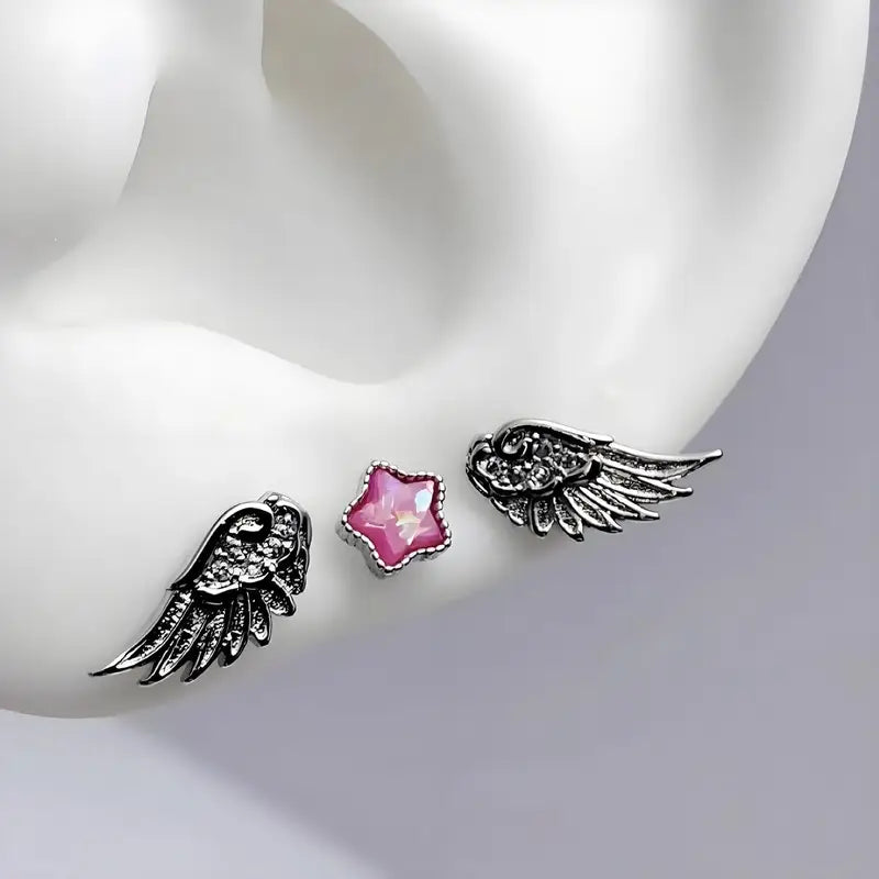 3-Pack Shiny Angel Wing Star Ear Studs for Women and Couples Jewelry