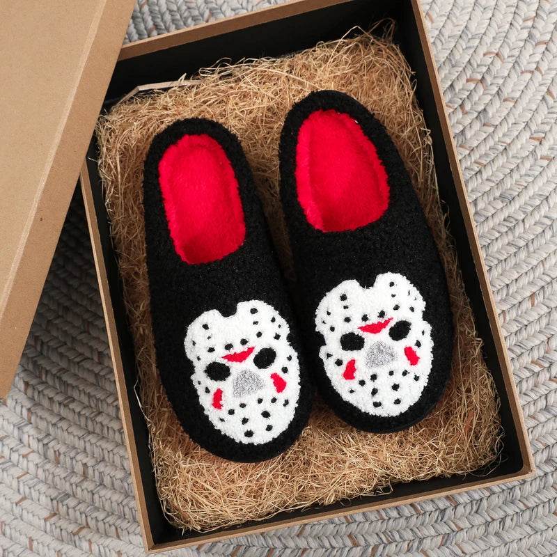 Warm Non-Slip Plush Indoor Slippers for Men and Women - Halloween Skull Pattern, Autumn Winter Gift