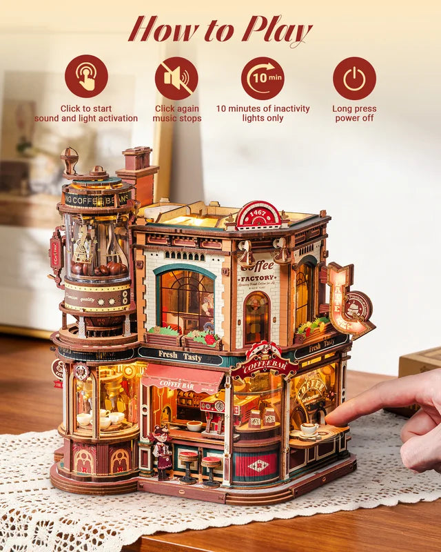 Wooden 3D Puzzle Coffee Factory Music Box Kit with LED Lights - DIY Model for Adults