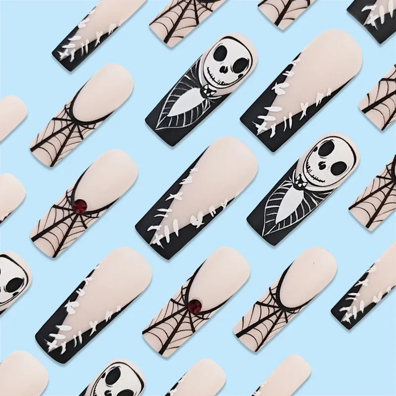 Halloween Press-On Nails with Skull Spider French Full Cover Fake Tips - 24pcs