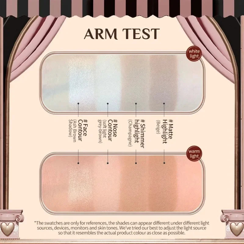 Highlighter & Contour Face Palette with 4 Universal Shades for Natural Glow