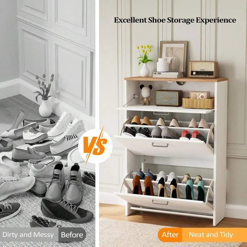 Slim Shoe Cabinet Storage for Entryway with 3 Drawers - White, Rustic Brown & Dark Rustic Oak Variants