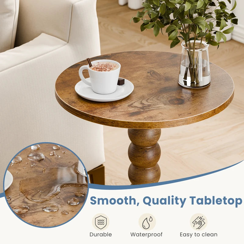 Round Side Table with Solid Wood Legs - Small Space End Table with Storage Shelf