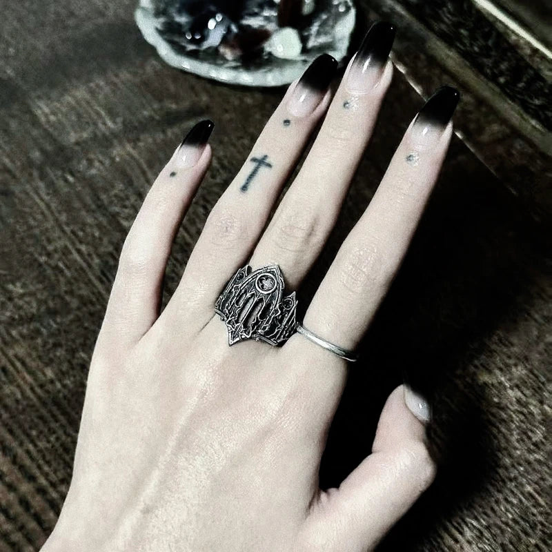 Retro Gothic Cathedral Open Ring for Men Silver-Plated Brass Dark Indie Jewelry