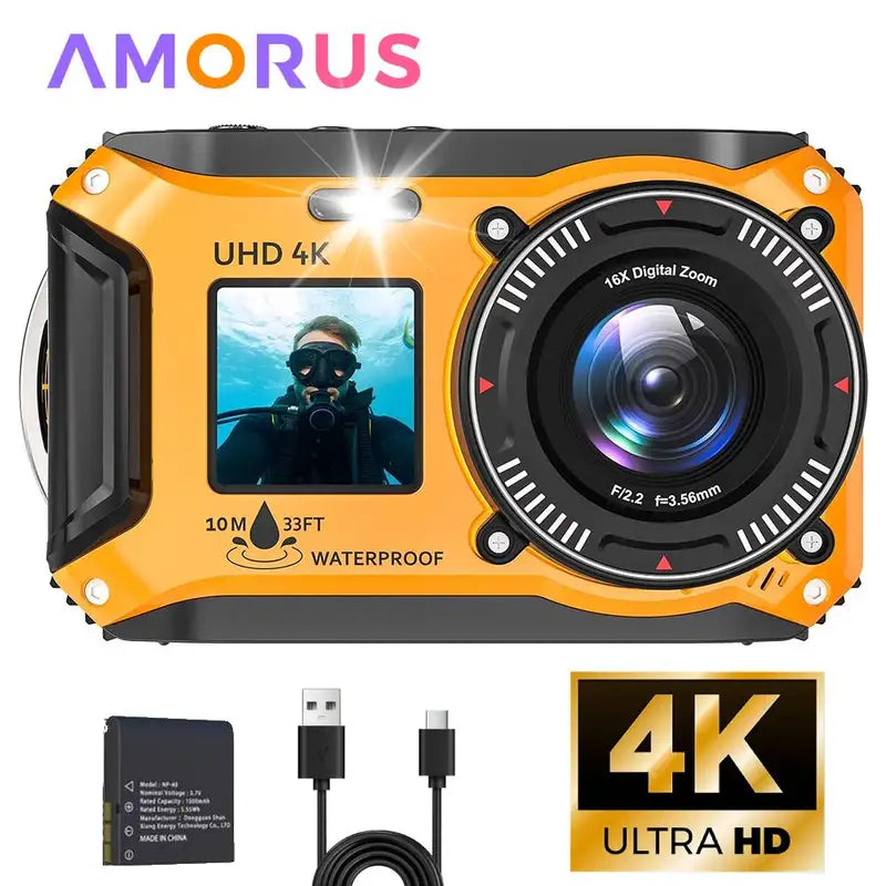 4K Waterproof Underwater Camera for Snorkeling 33FT Dual Screen Digital Camera