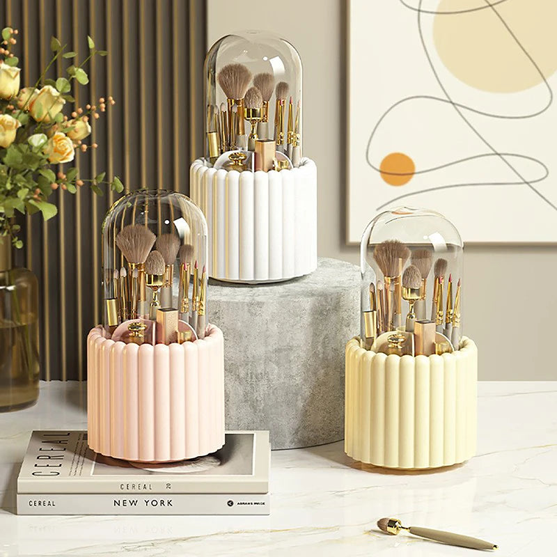 Rotating Makeup Brush Holder with Lid - Cosmetic Storage Organizer for Brushes, Lipsticks, Eyeliners