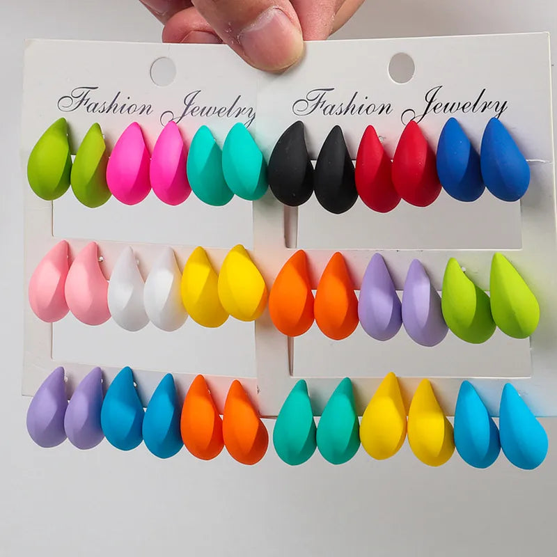 9-Pair Acrylic Waterdrop Earrings Set - Colorful Matte Tear Drop Jewelry for Women