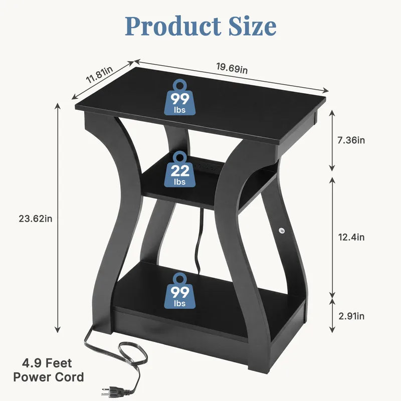 Living Room Side Table with Charging Station 3-Tier Storage Nightstand - Black & Grey