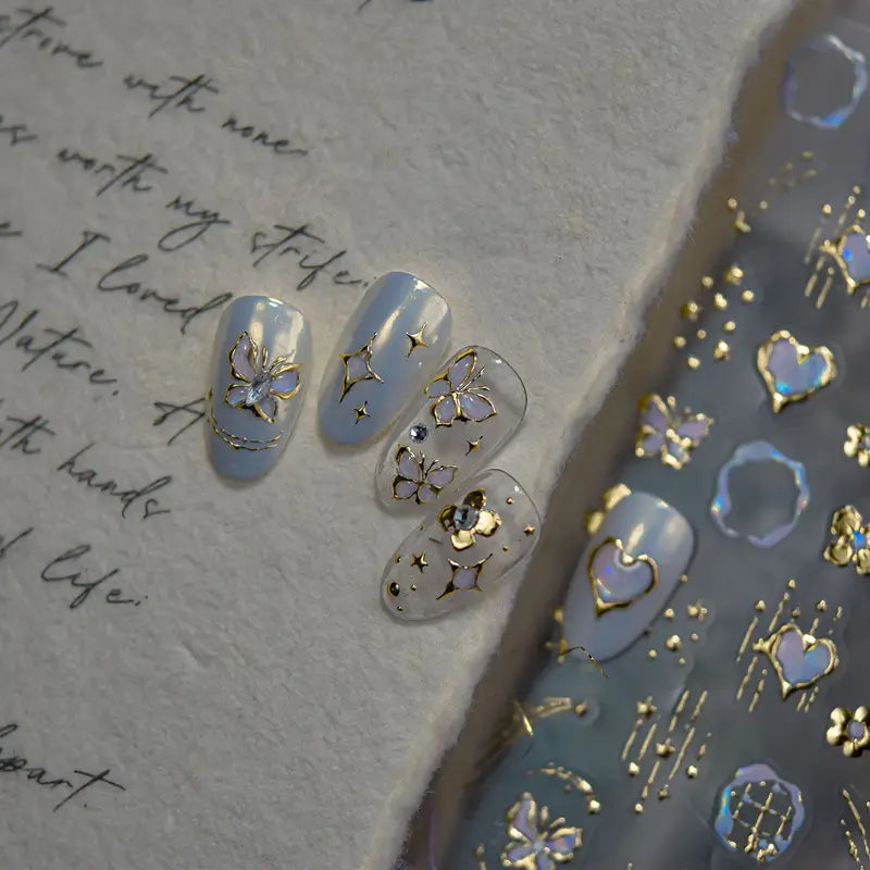 Nail Art Sticker Set with Butterfly Border and Gold Silver Accents - DIY Manicure Decoration